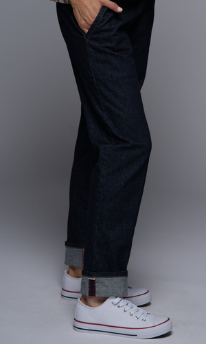 Close-up of a pocket on a pair of blue denim jeans.
